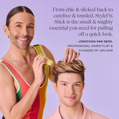 JVN StyleFix wax stick gliding through hair to create a sleek, polished look