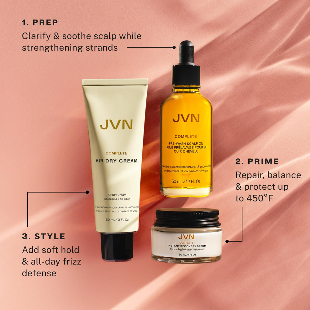 JVN Trusted Trio packaging closeup emphasizes clean, silicone-free formula