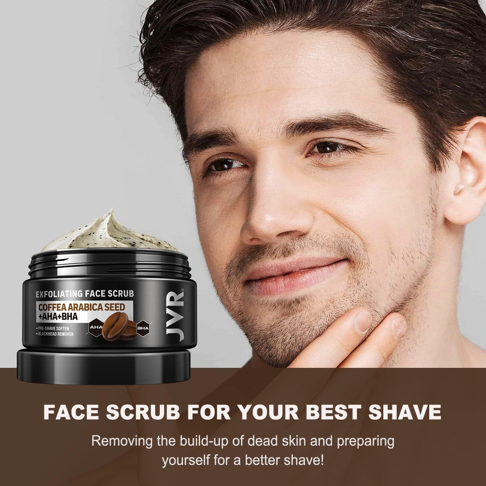JVR Face Scrub coffee bean texture closeup highlights exfoliation benefits.