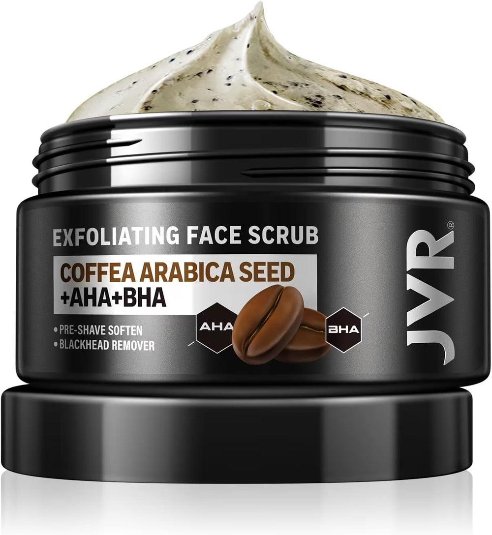 JVR Face Scrub jar coffee extract helps deep clean pores and soften skin.