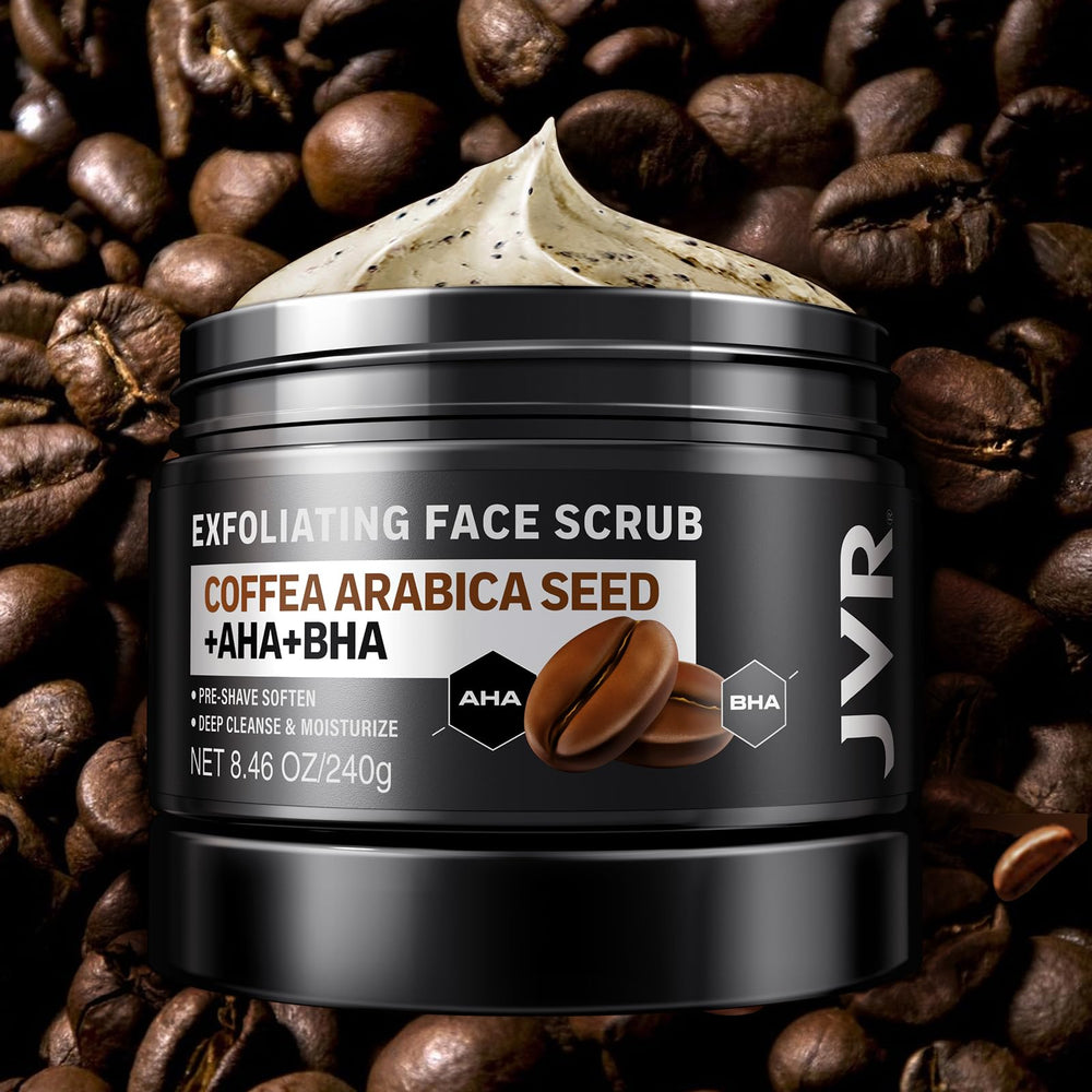 JVR Face Scrub for Men pre-shave softening to ease razor glide.