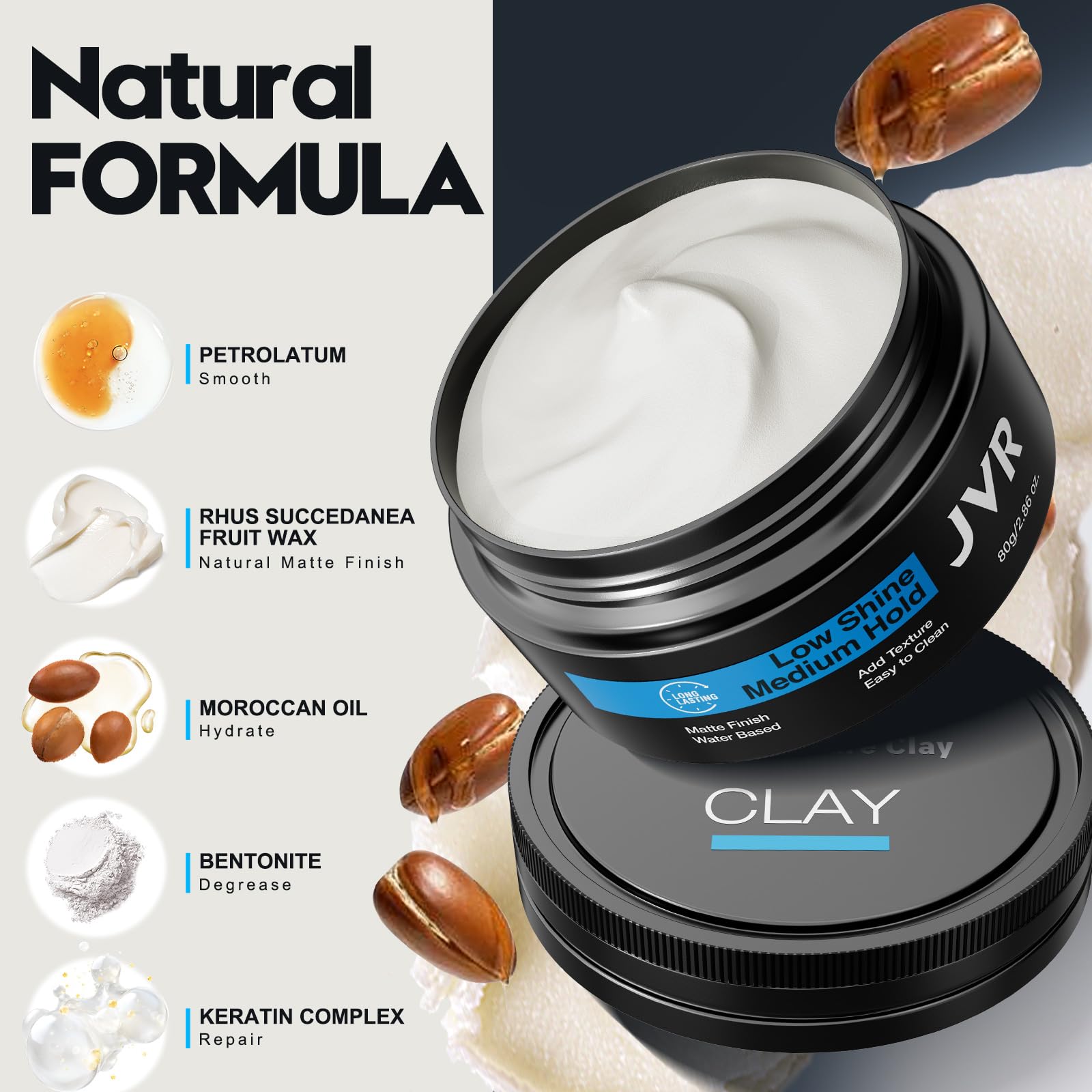 JVR Hair Clay demonstrates use across all hairstyles with natural texture.