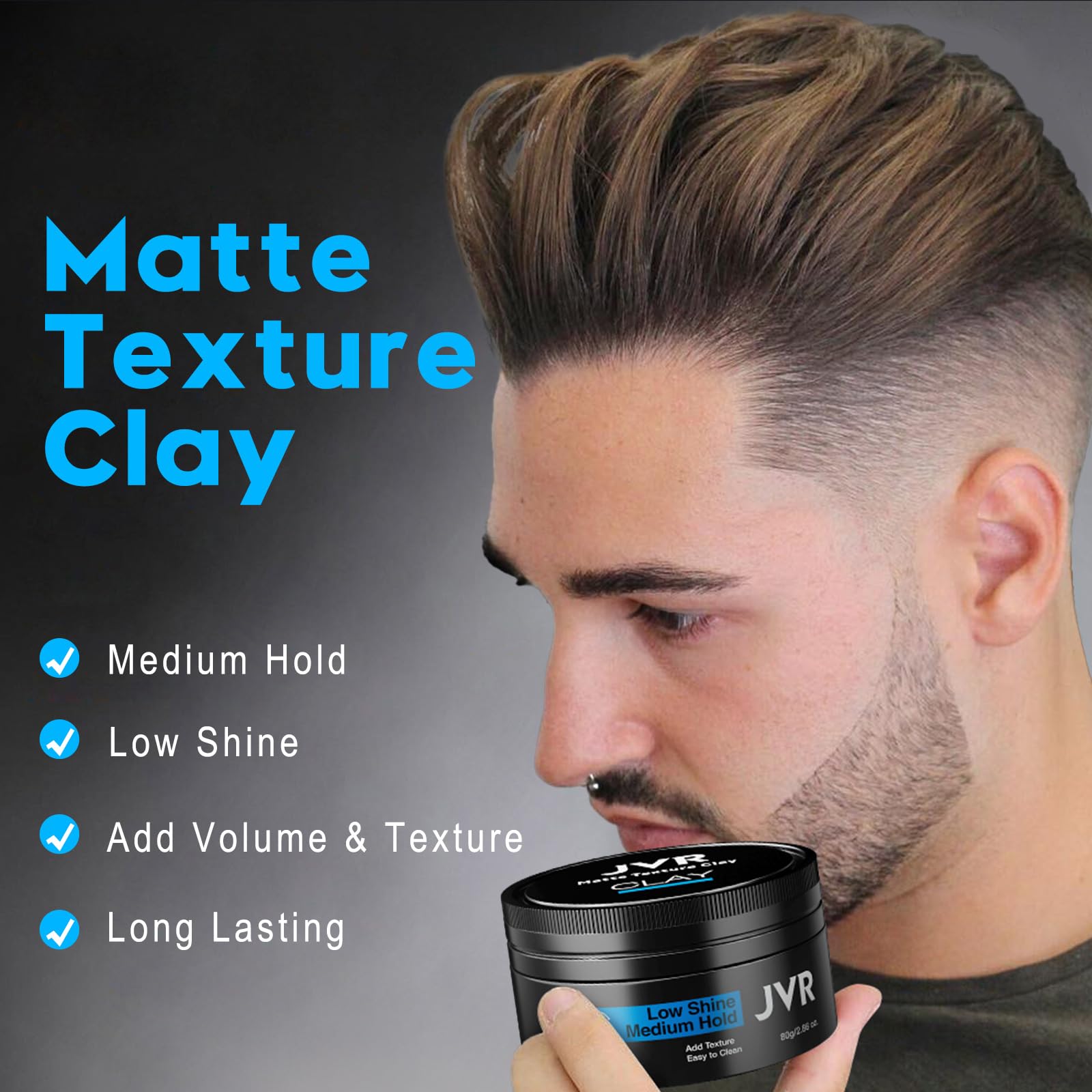 JVR Hair Clay texture close-up shows pliable hold and matte finish.