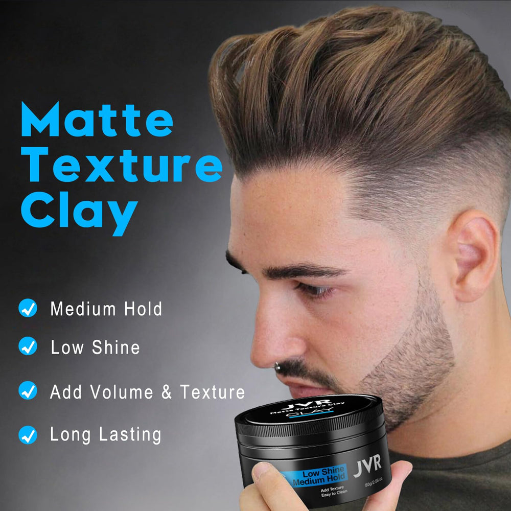 JVR Hair Clay texture close-up shows pliable hold and matte finish.