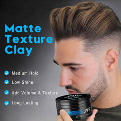 JVR Hair Clay texture close-up shows pliable hold and matte finish.