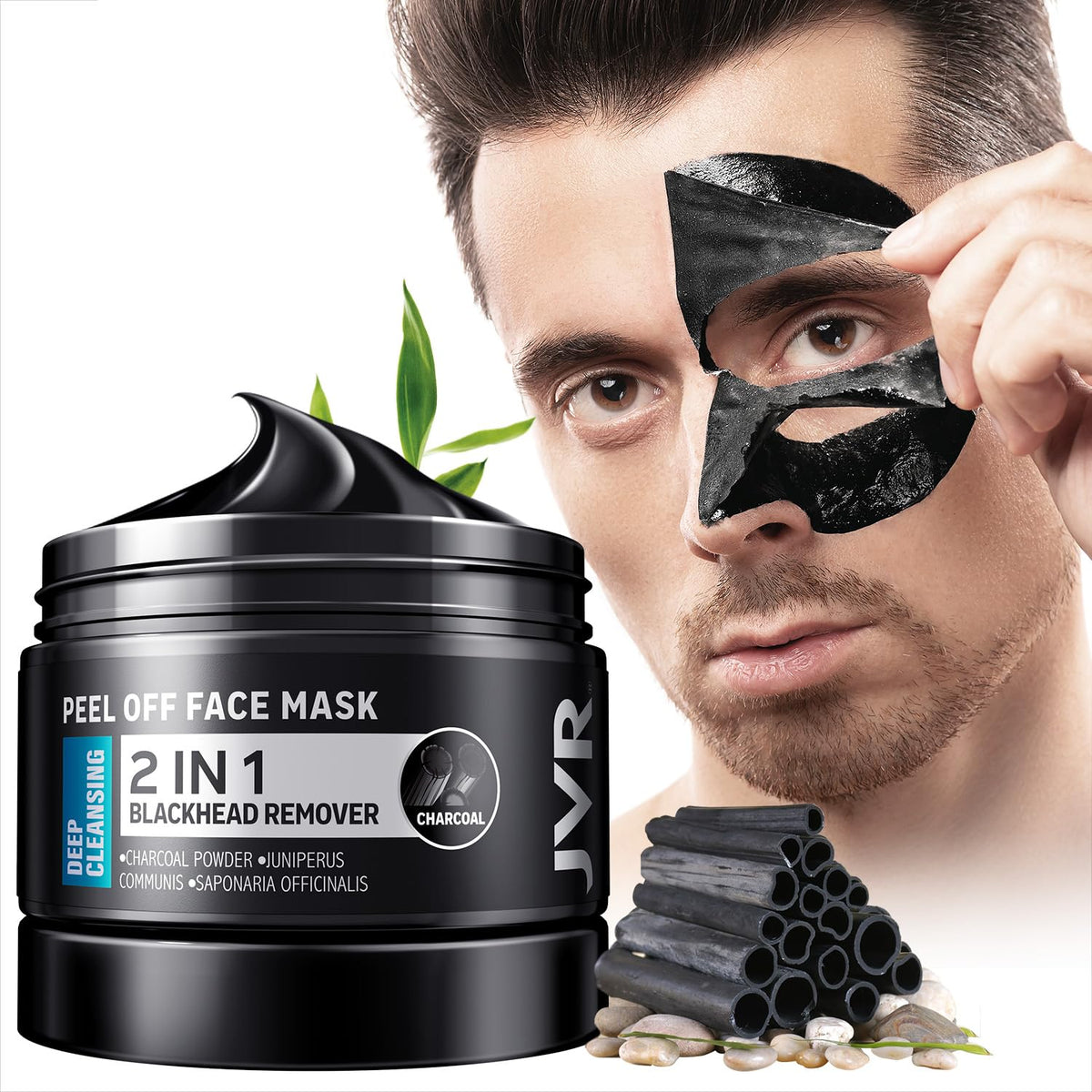 JVR Peel Off Mask charcoal bottle shown for deep cleansing and pore purification.