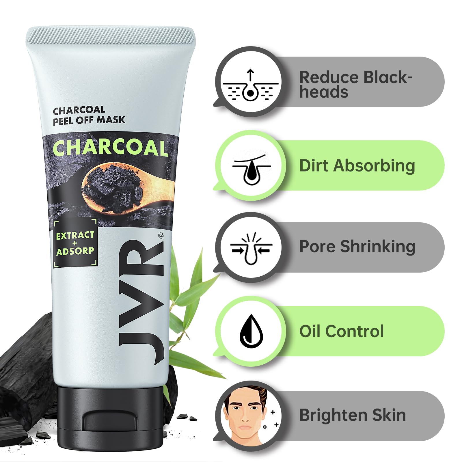 JVR Peel-Off Mask texture closeup highlighting purifying charcoal benefits.