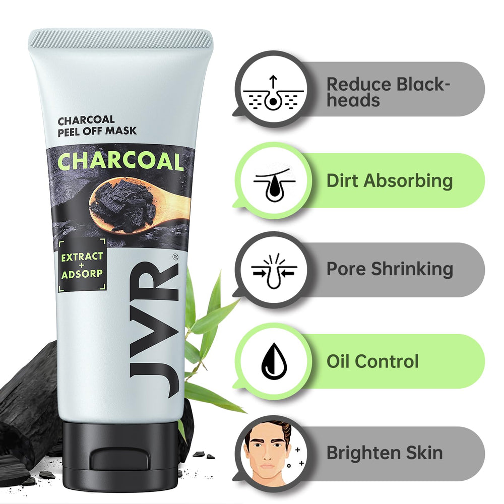 JVR Peel-Off Mask texture closeup highlighting purifying charcoal benefits.