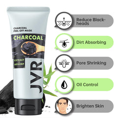 JVR Peel-Off Mask texture closeup highlighting purifying charcoal benefits.