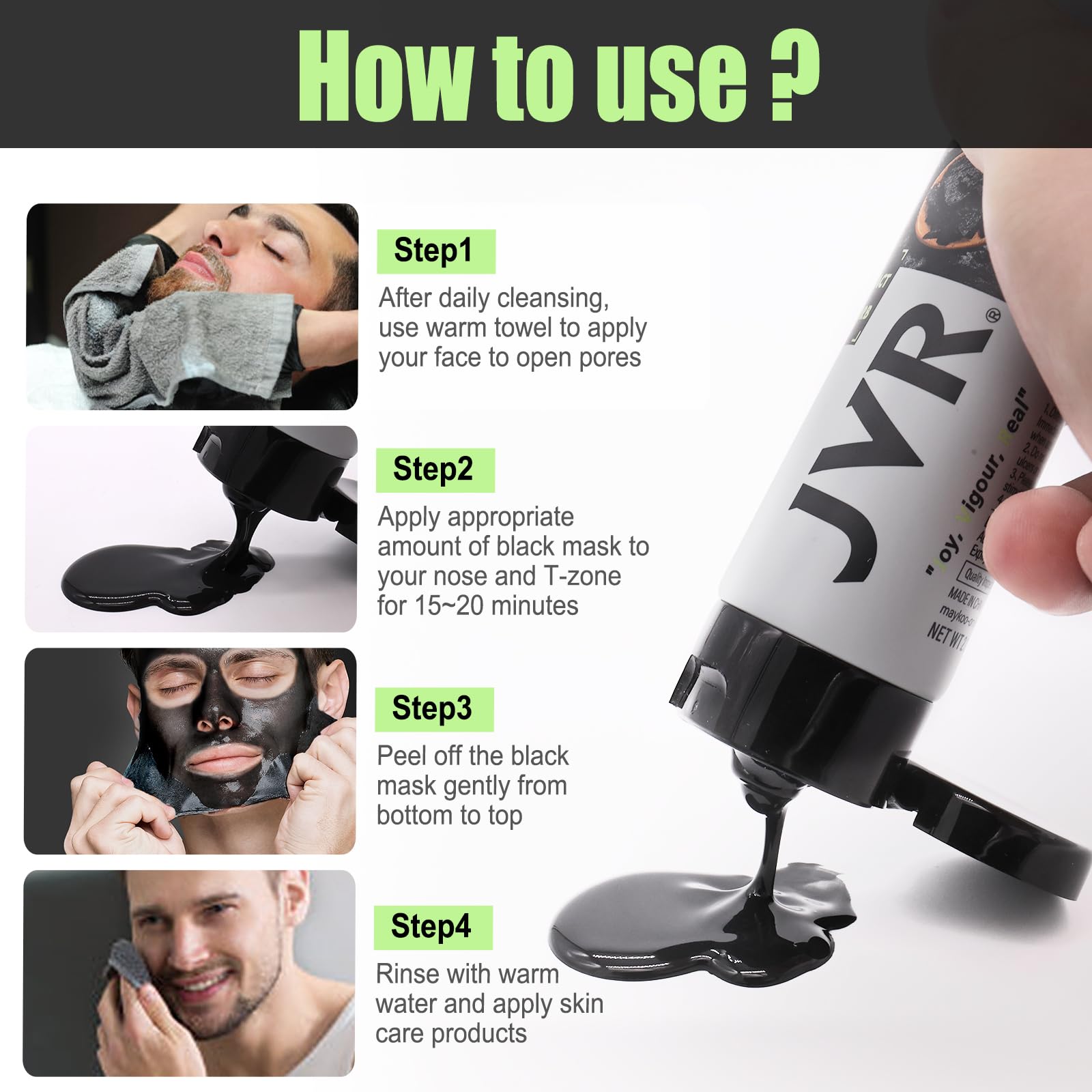 JVR Peel-Off Mask drying on skin, ready to peel away impurities.