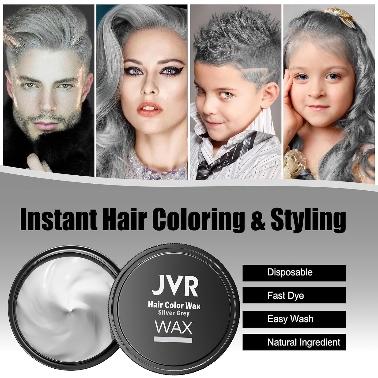 JVR silver gray hair color wax hand swatch showing even color payoff and control.