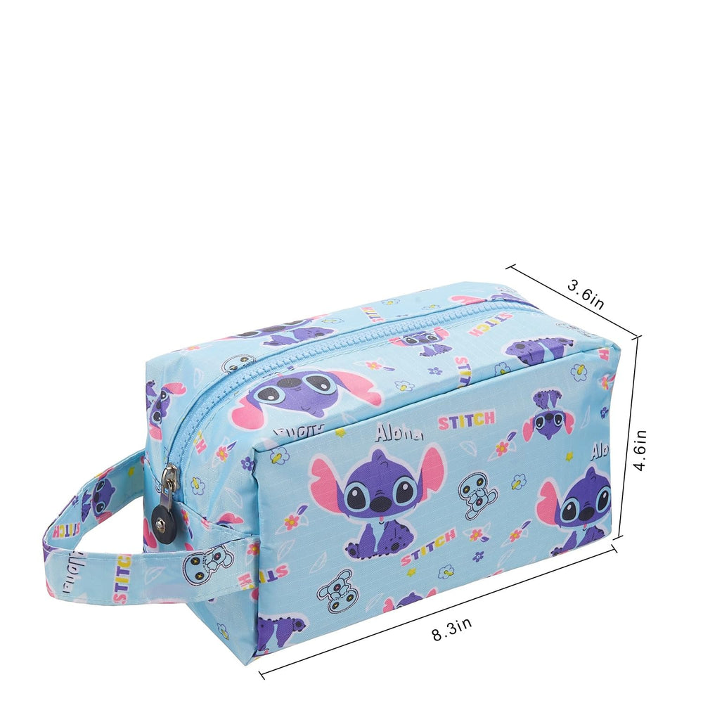 JWDWYX Stich Cartoon blue cosmetic bag shows secure zipper for safe daily and travel use