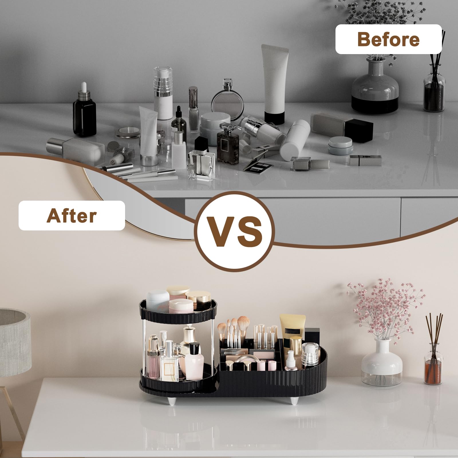 Jywantful brush-holder compartment keeps brushes upright, protecting bristles and simplifying daily routines.