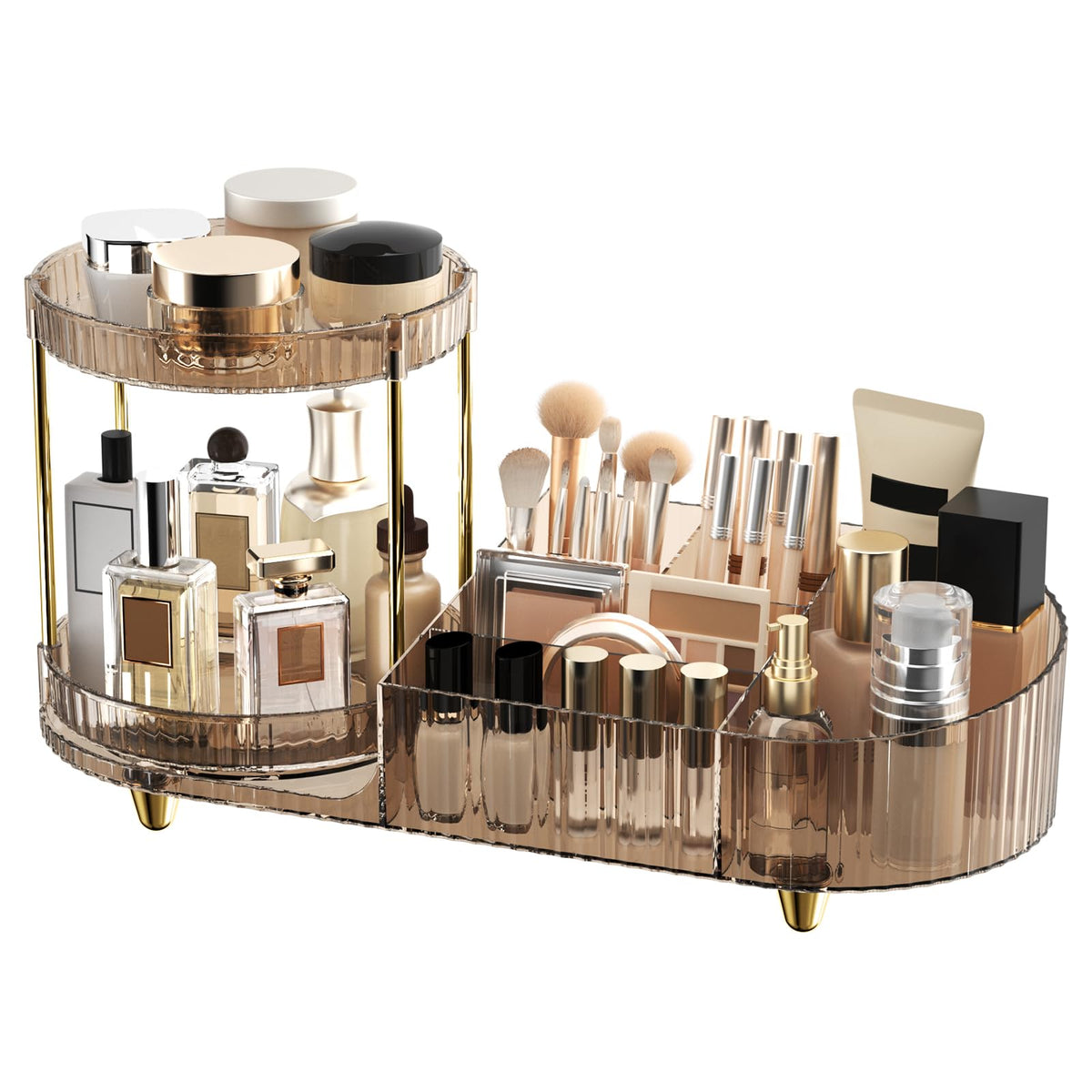 Jywantful makeup organizer with 360-degree rotating trays for easy access.