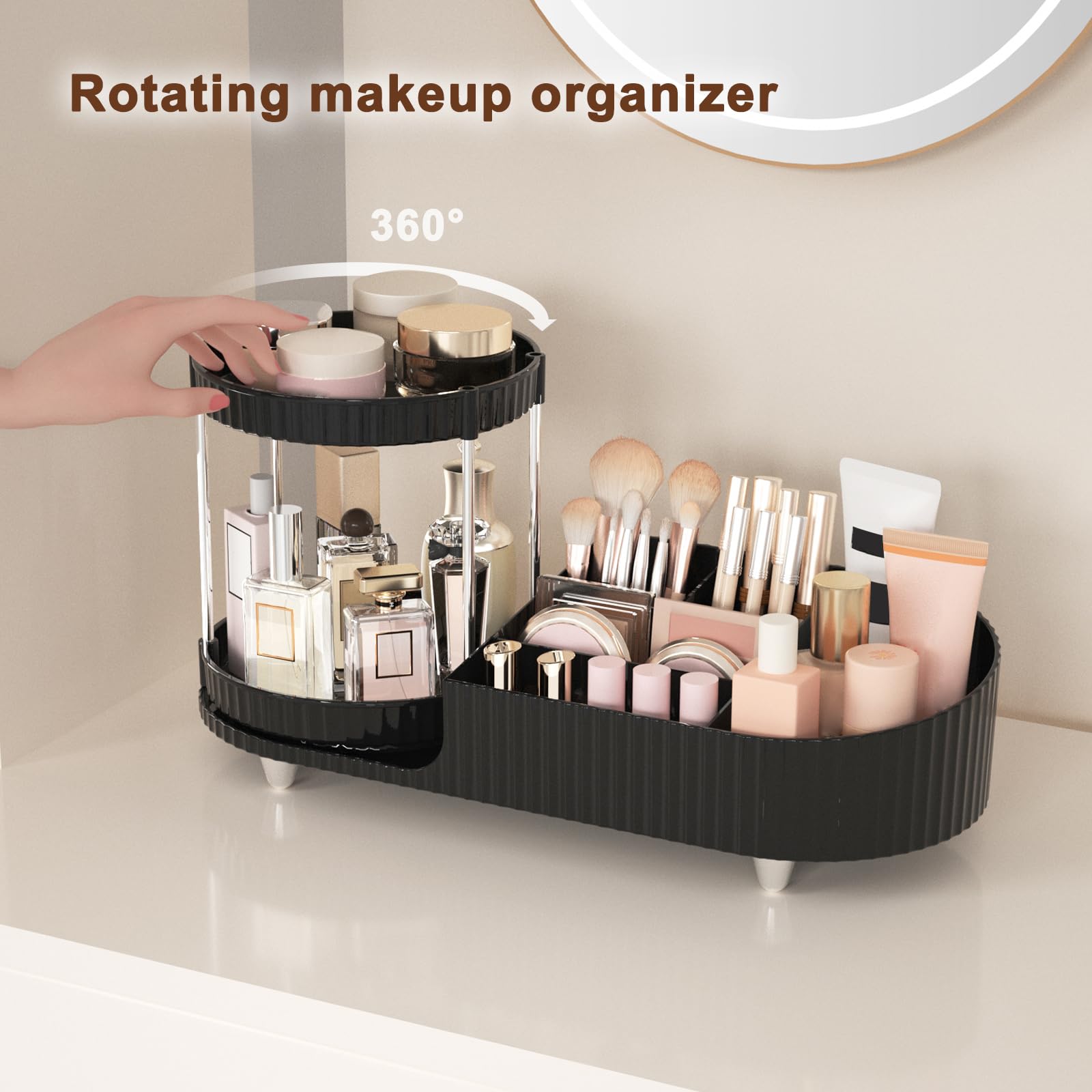 Jywantful makeup organizer 7-compartments keeps brushes and polishes neatly organized for quick routines.