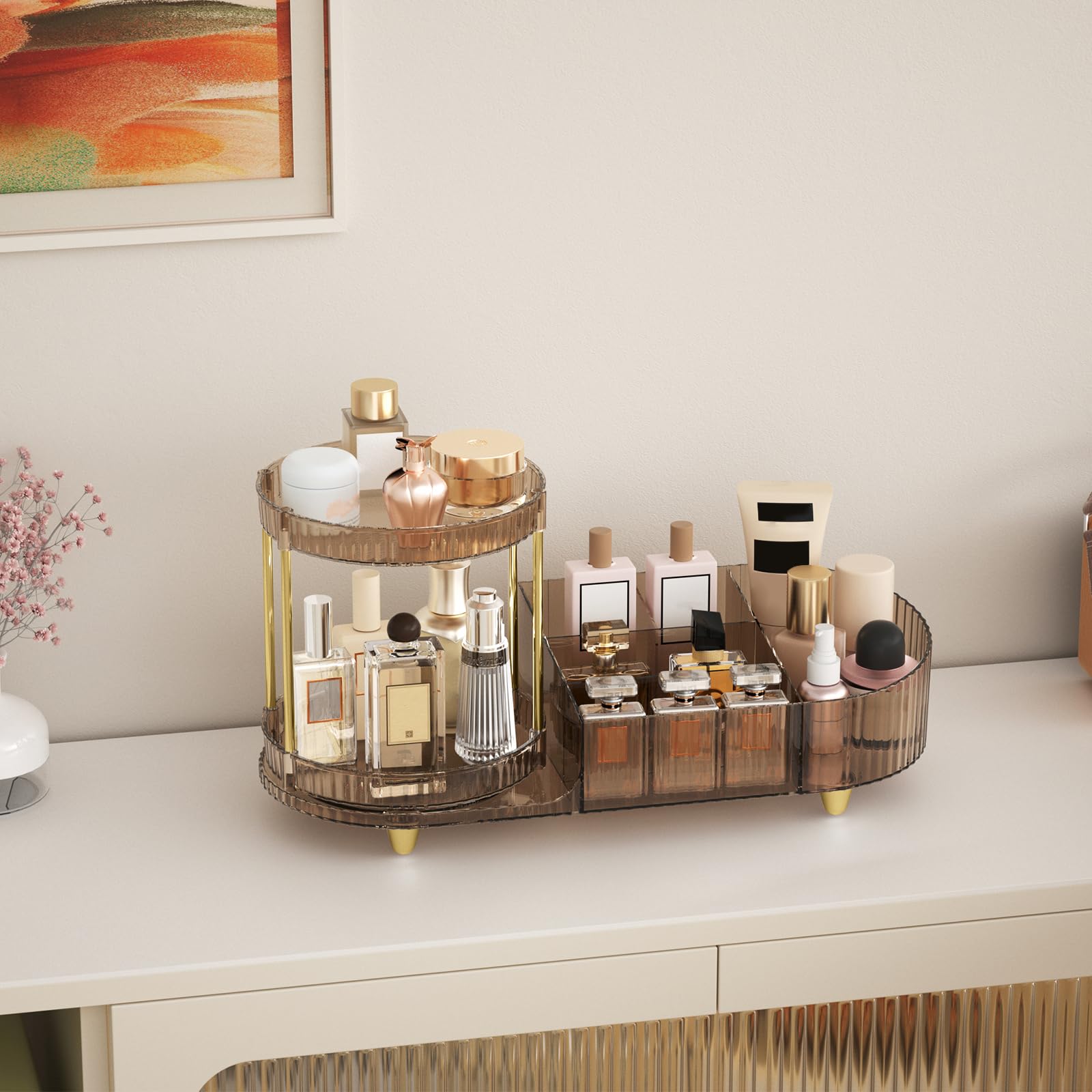 Jywantful skincare and makeup holder compartments organize brushes, glosses, and polishes.
