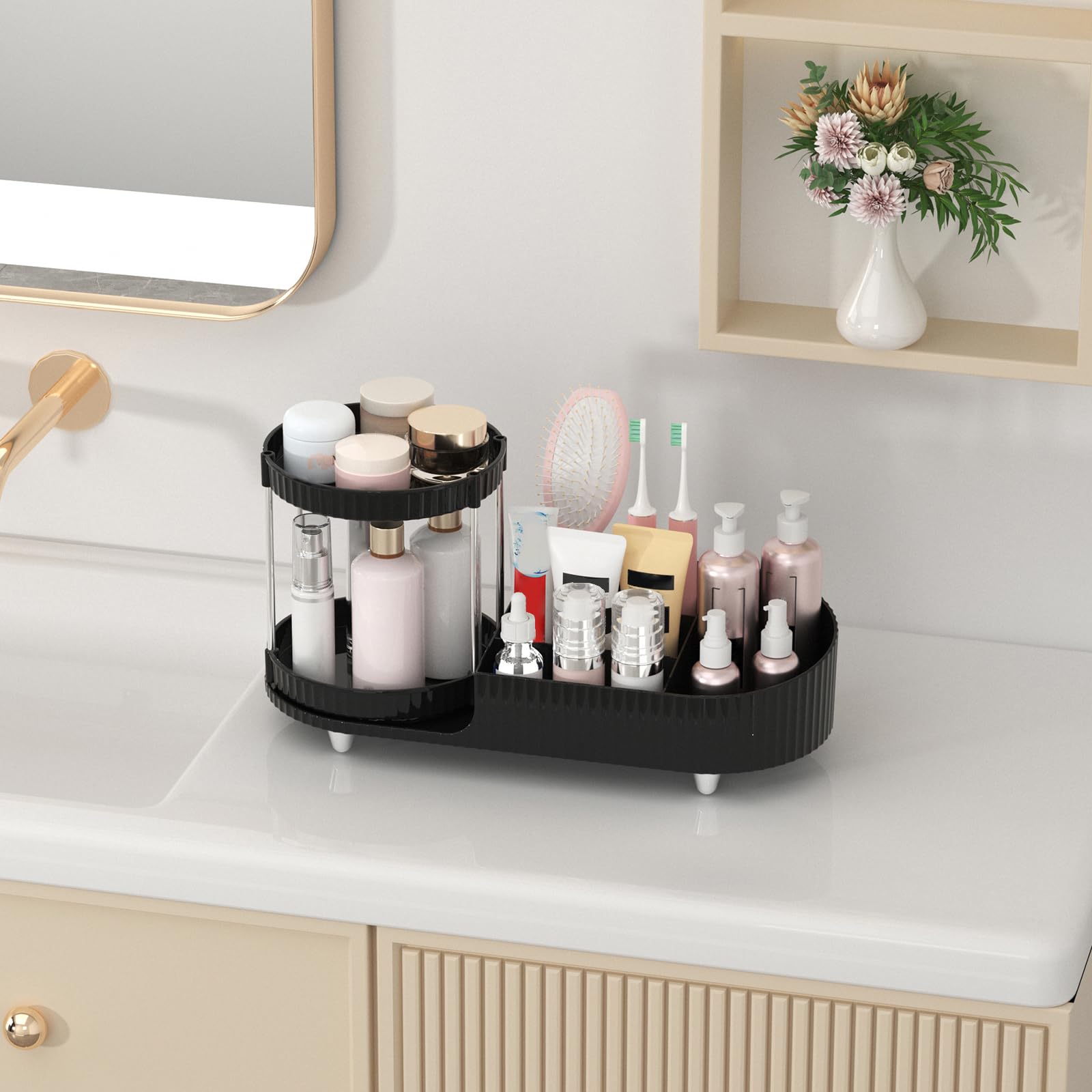 Jywantful space-saving design reduces clutter on vanity and bathroom counters.