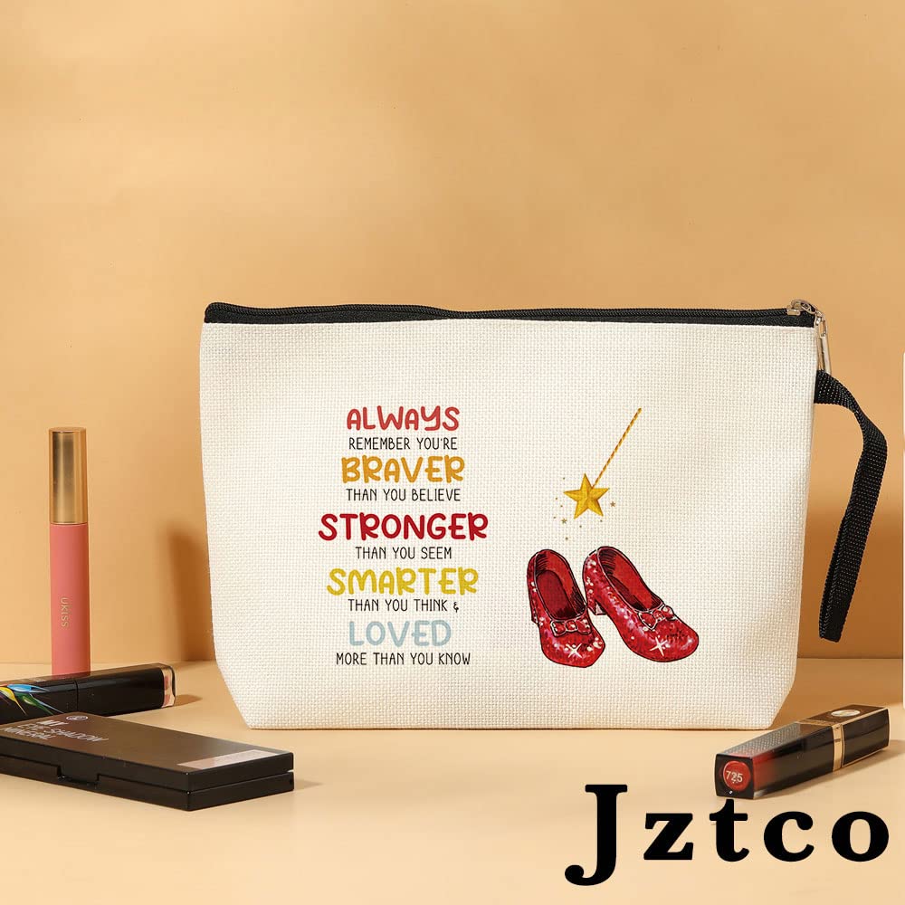 Jztco Dorothy ruby red makeup bag zipper close-up showing secure closure for travel.