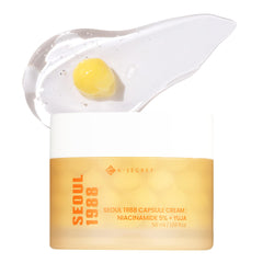 K-SECRET SEOUL 1988 Niacinamide Capsule Cream jar showing smooth, hydrated skin texture
