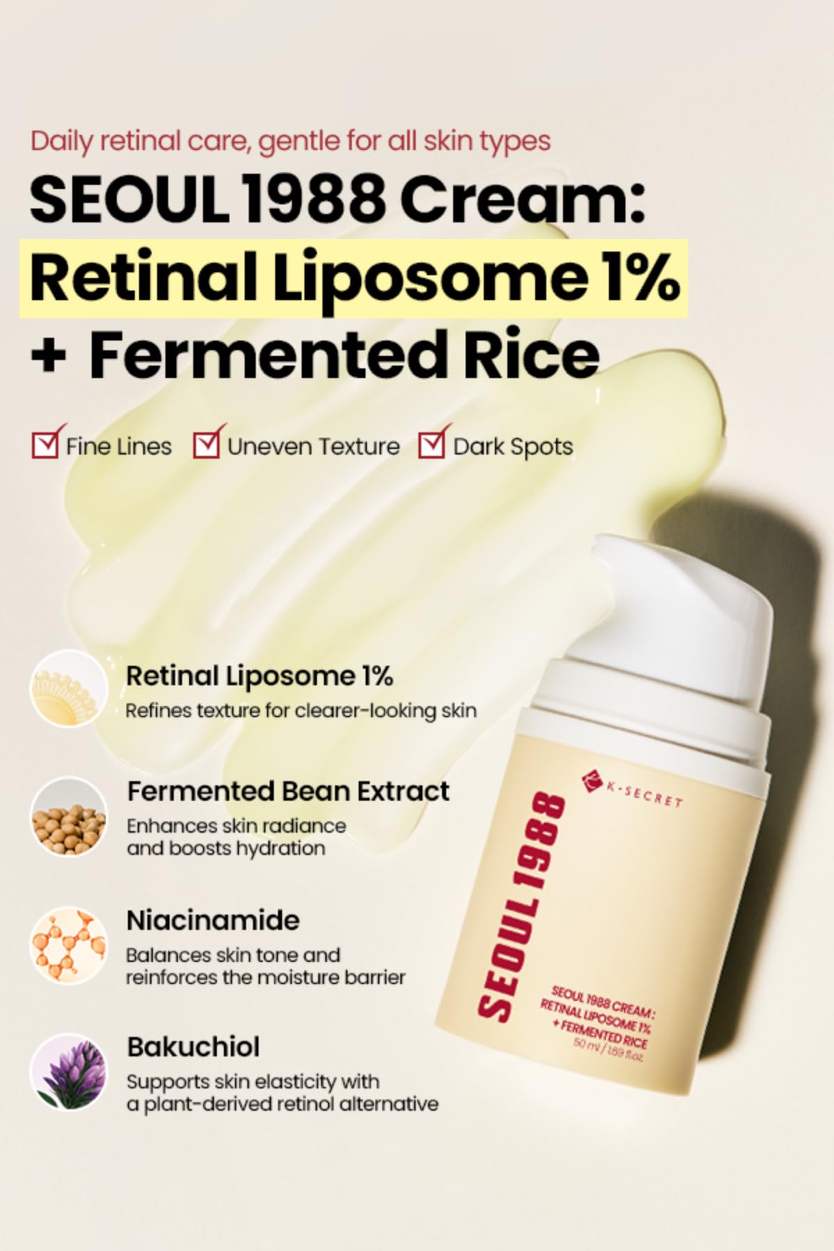K-SECRET Seoul 1988 Retinal Cream pump bottle shows convenient dosage for nightly routines