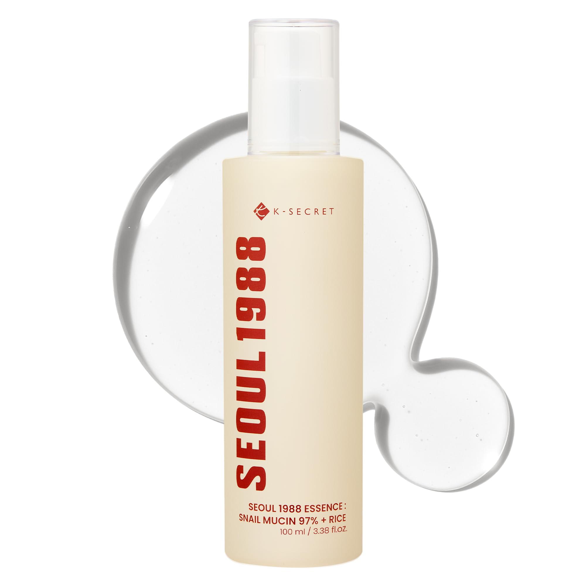 K-SECRET SEOUL 1988 snail mucin bottle closeup shows rich hydration for smooth skin.