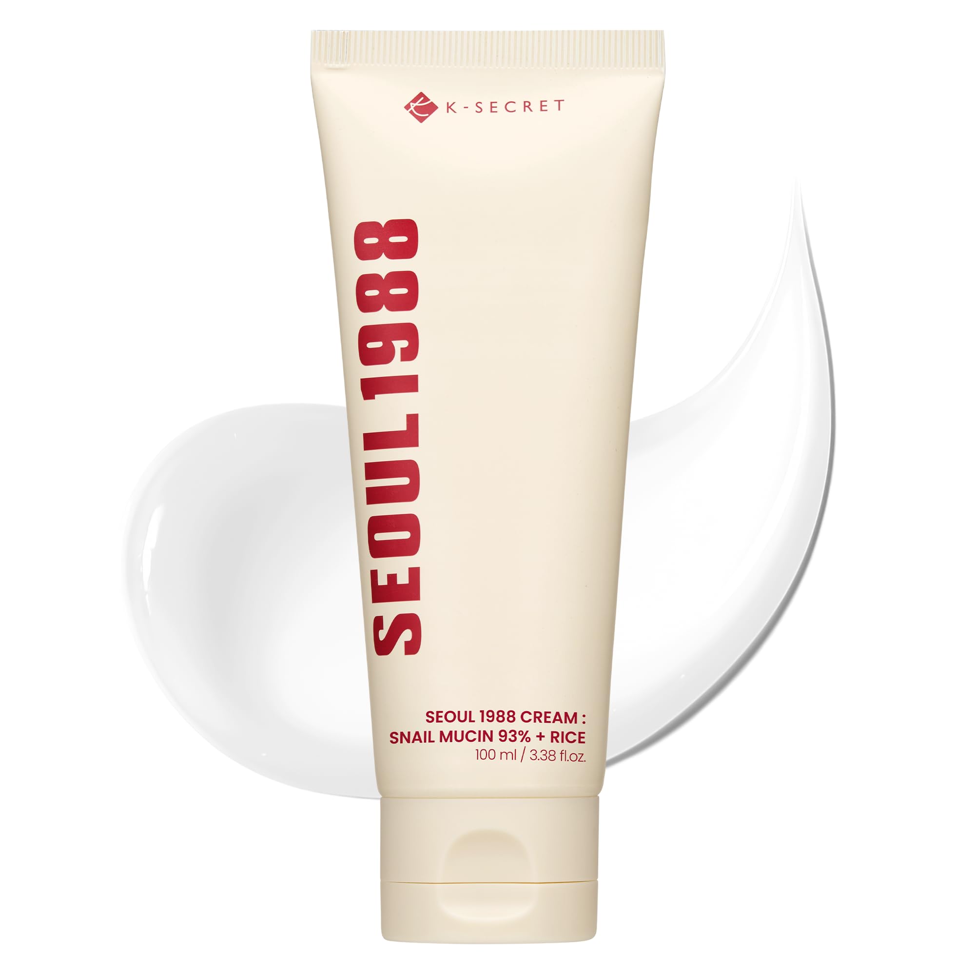 K-SECRET Seoul 1988 snail mucin cream bottle close-up for non-greasy hydration.