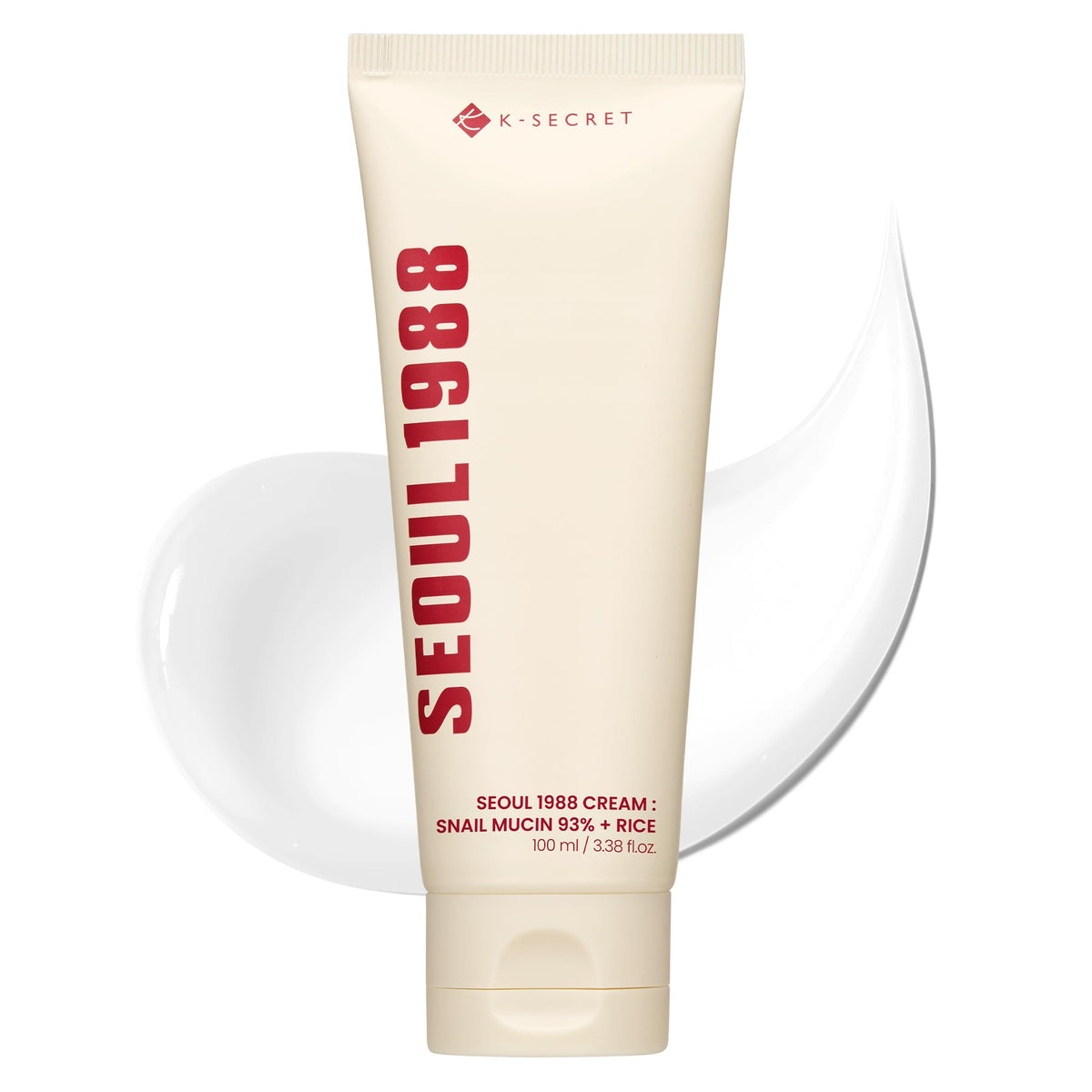K-SECRET Seoul 1988 snail mucin cream bottle close-up for non-greasy hydration.