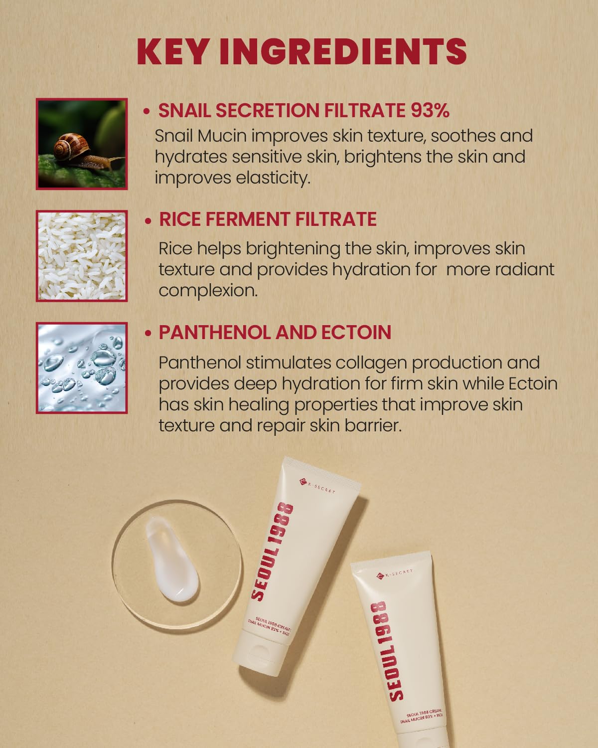 K-SECRET ingredients panel highlights snail mucin and panthenol benefits for skin.