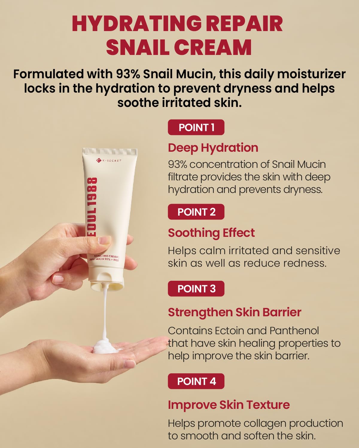 K-SECRET snail mucin cream pump dispenser enables controlled, convenient use.