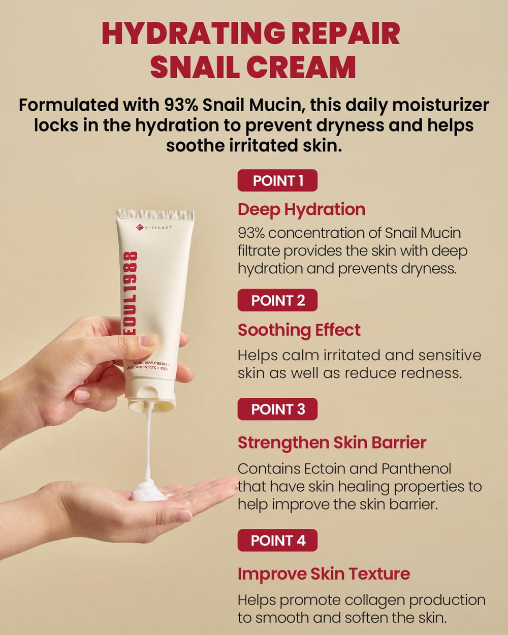 K-SECRET snail mucin cream pump dispenser enables controlled, convenient use.