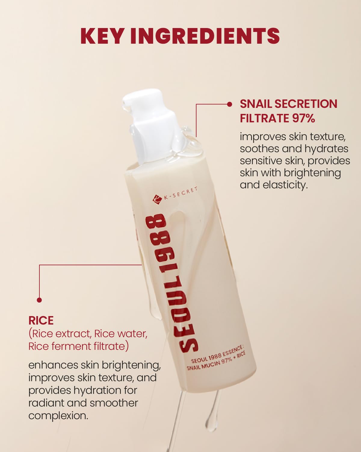 K-SECRET snail mucin 97% essence pump-dispense emphasizes easy, controlled application.