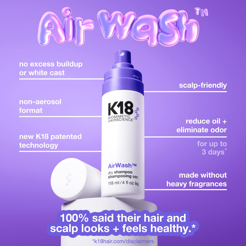 K18 AirWash Dry Shampoo on hair shows light, refreshed texture.