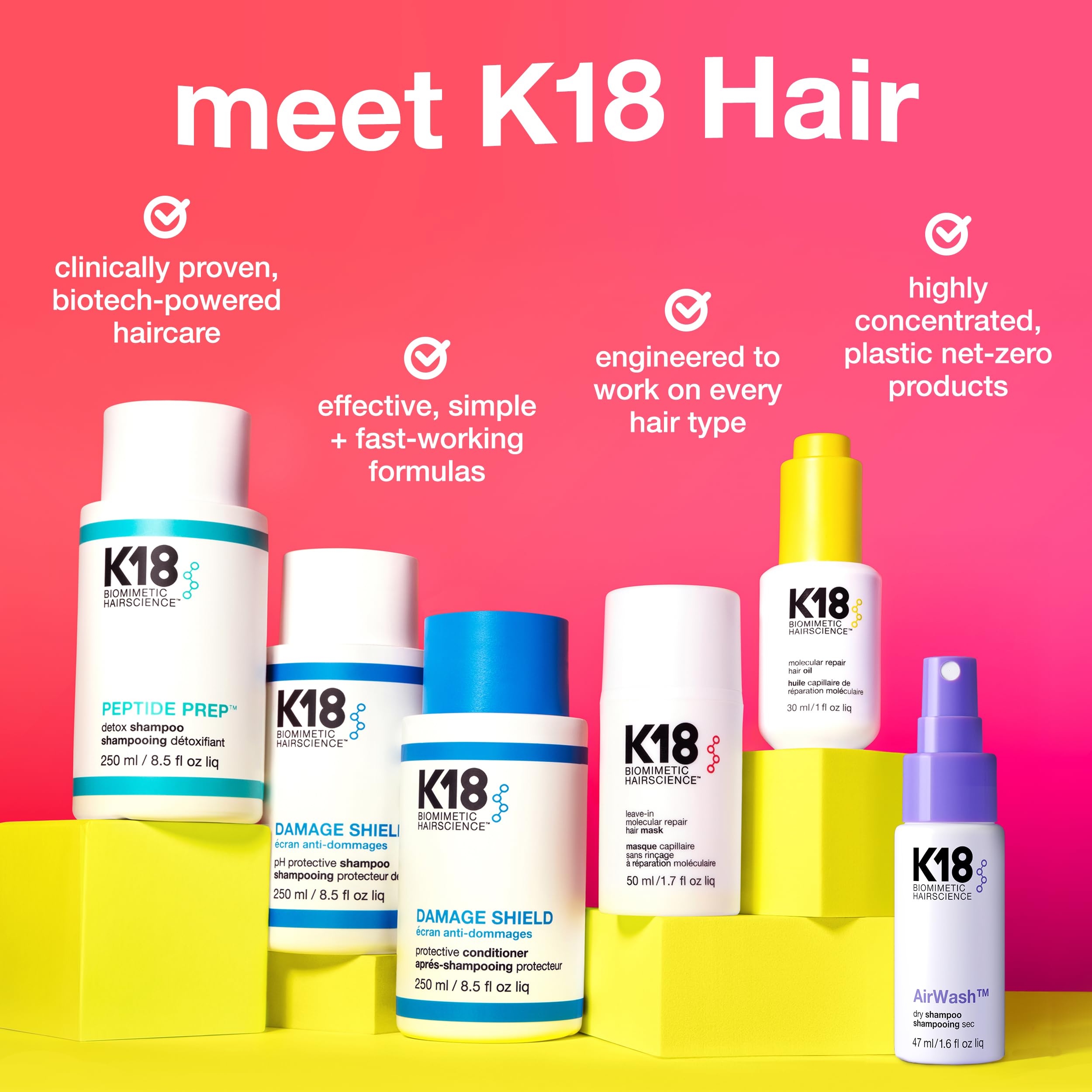 K18 AirWash packaging highlights 1.6 fl oz size ideal for travel and on-the-go use