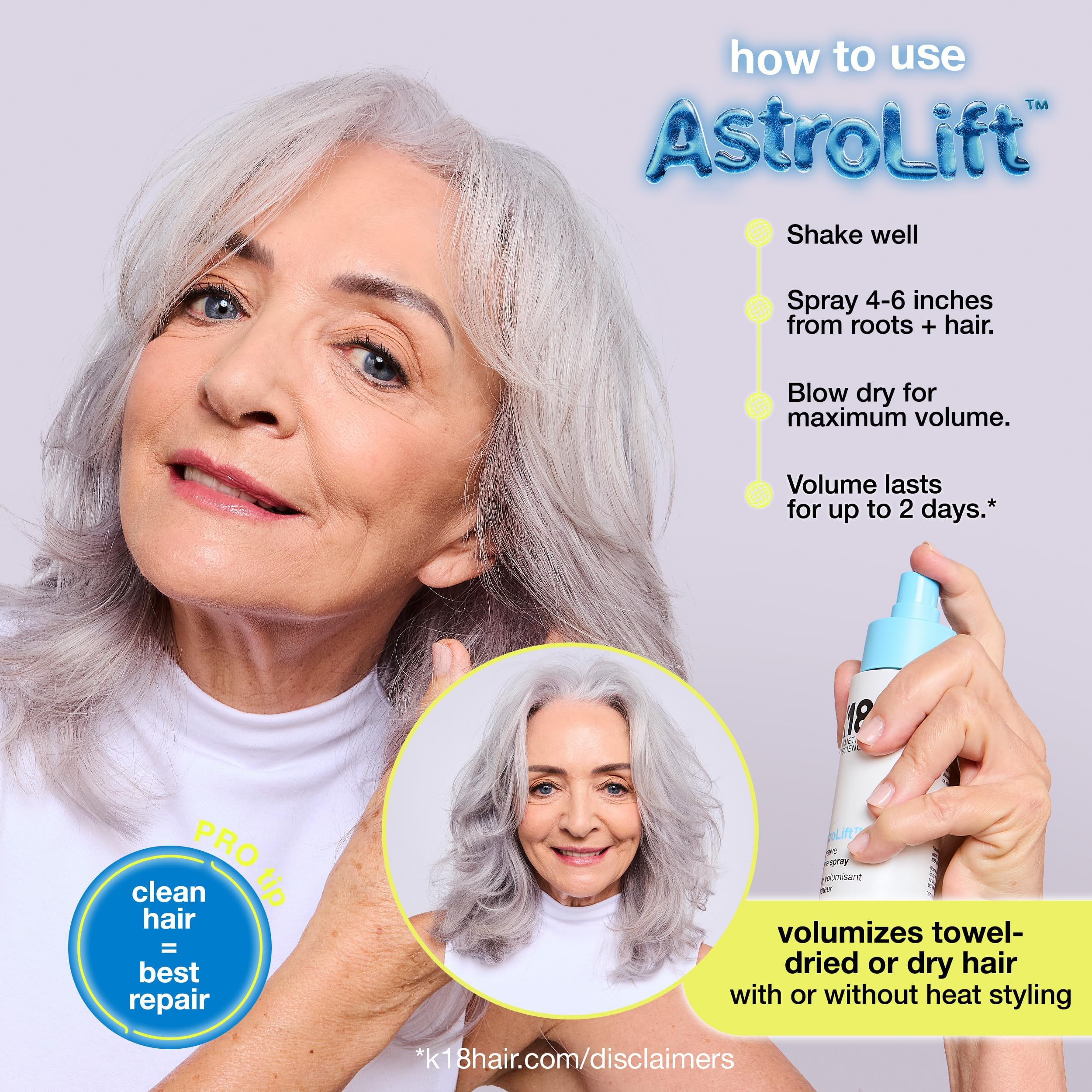 K18 AstroLift bottle with spray nozzle enables quick, even root-to-tip volumizing.