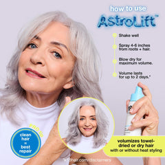 K18 AstroLift bottle with spray nozzle enables quick, even root-to-tip volumizing.
