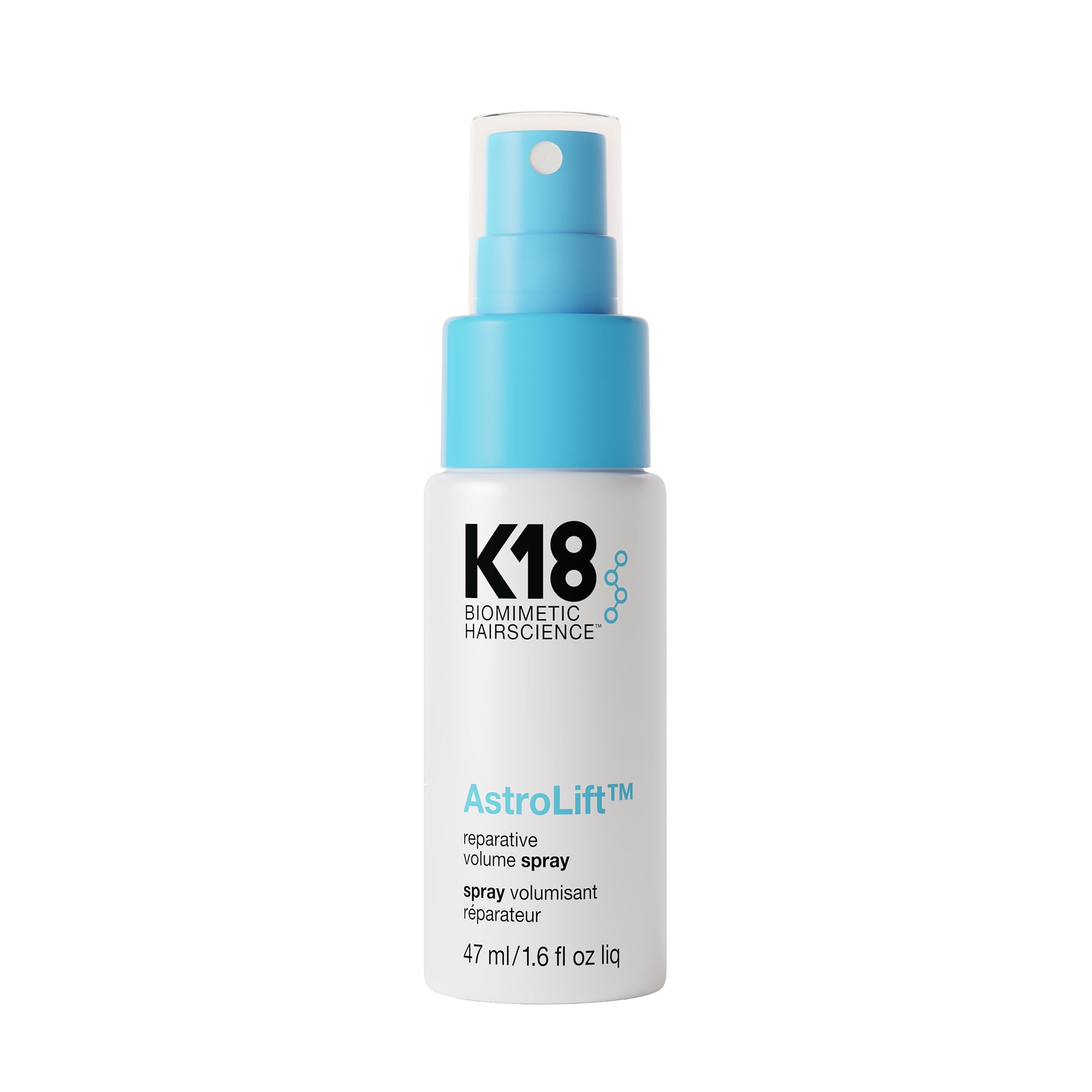 K18 AstroLift reparative volume spray bottle promotes lightweight lift from roots to ends.