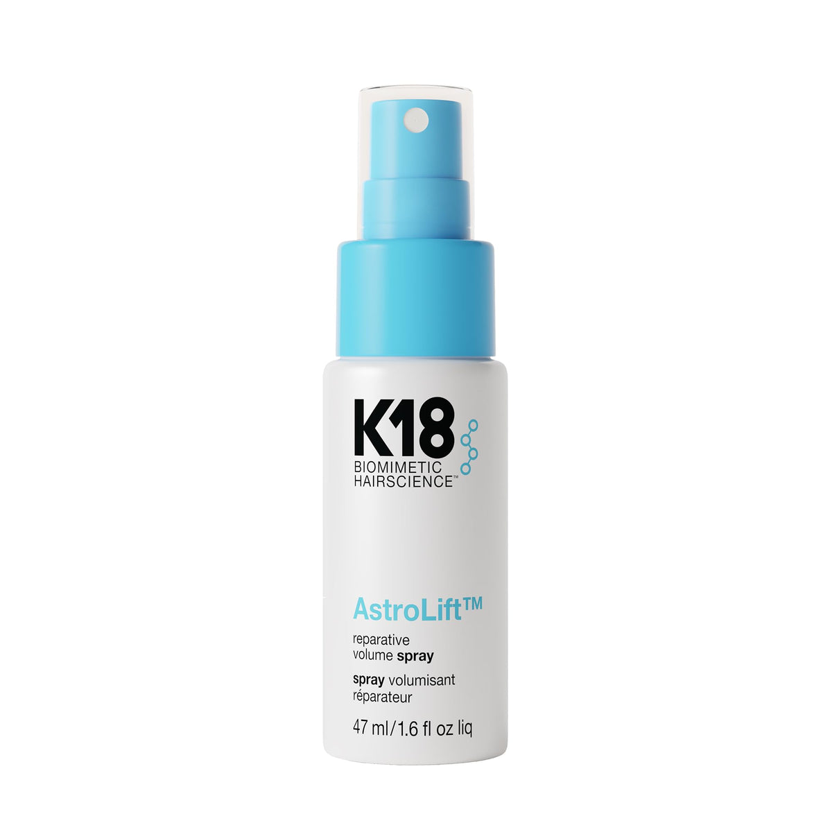 K18 AstroLift reparative volume spray bottle promotes lightweight lift from roots to ends.
