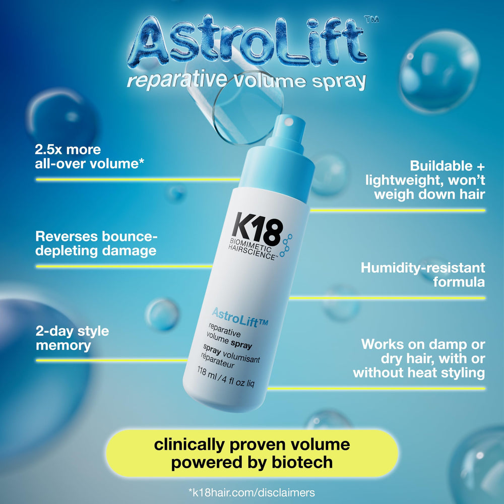 K18 AstroLift volume spray applied to hair adds lift and fullness, day-long.