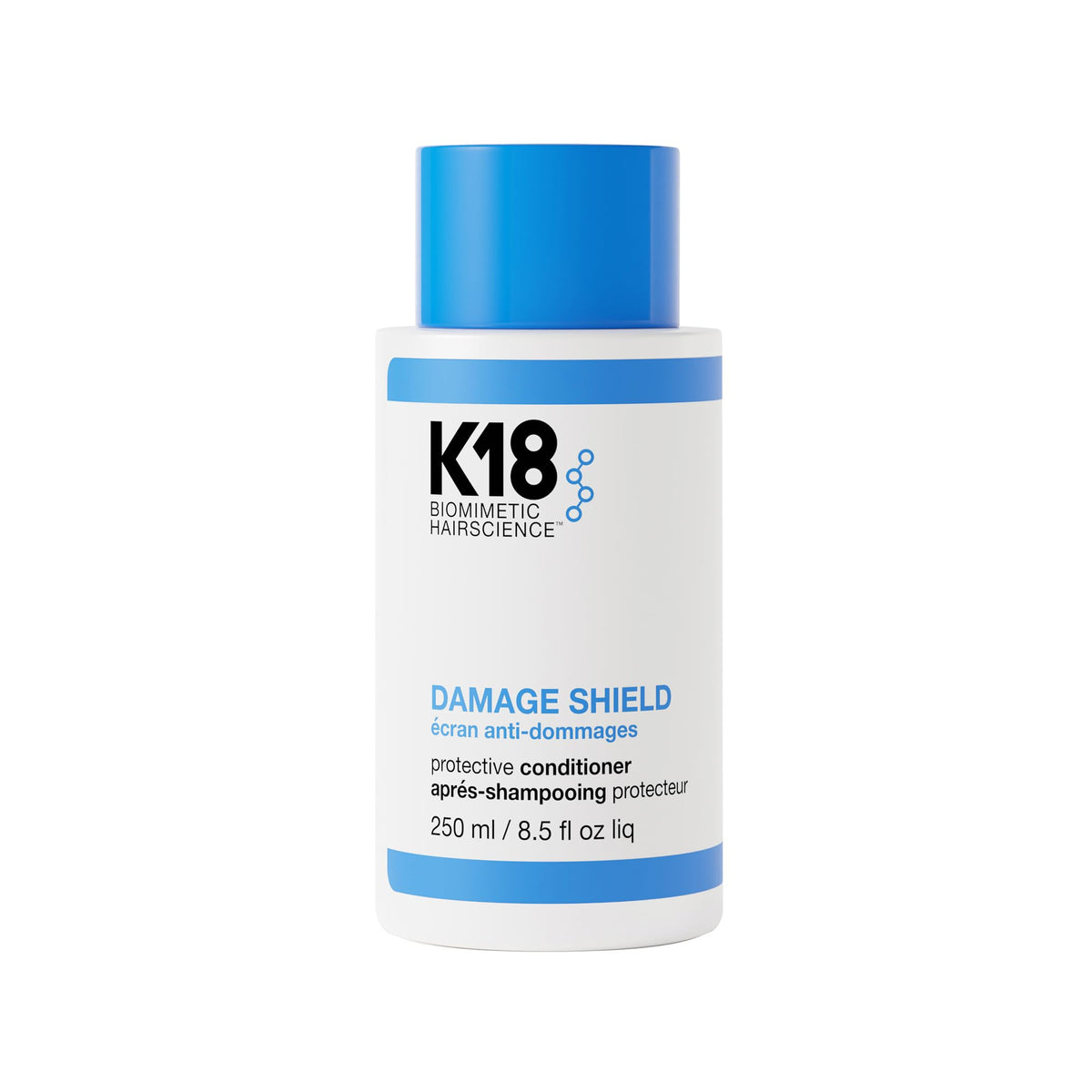 K18 Damage Shield conditioner bottle pour demonstrates quick protection for daily styling.