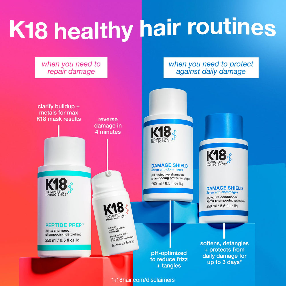 K18 Damage Shield microbiome-friendly label emphasizes scalp barrier preservation.