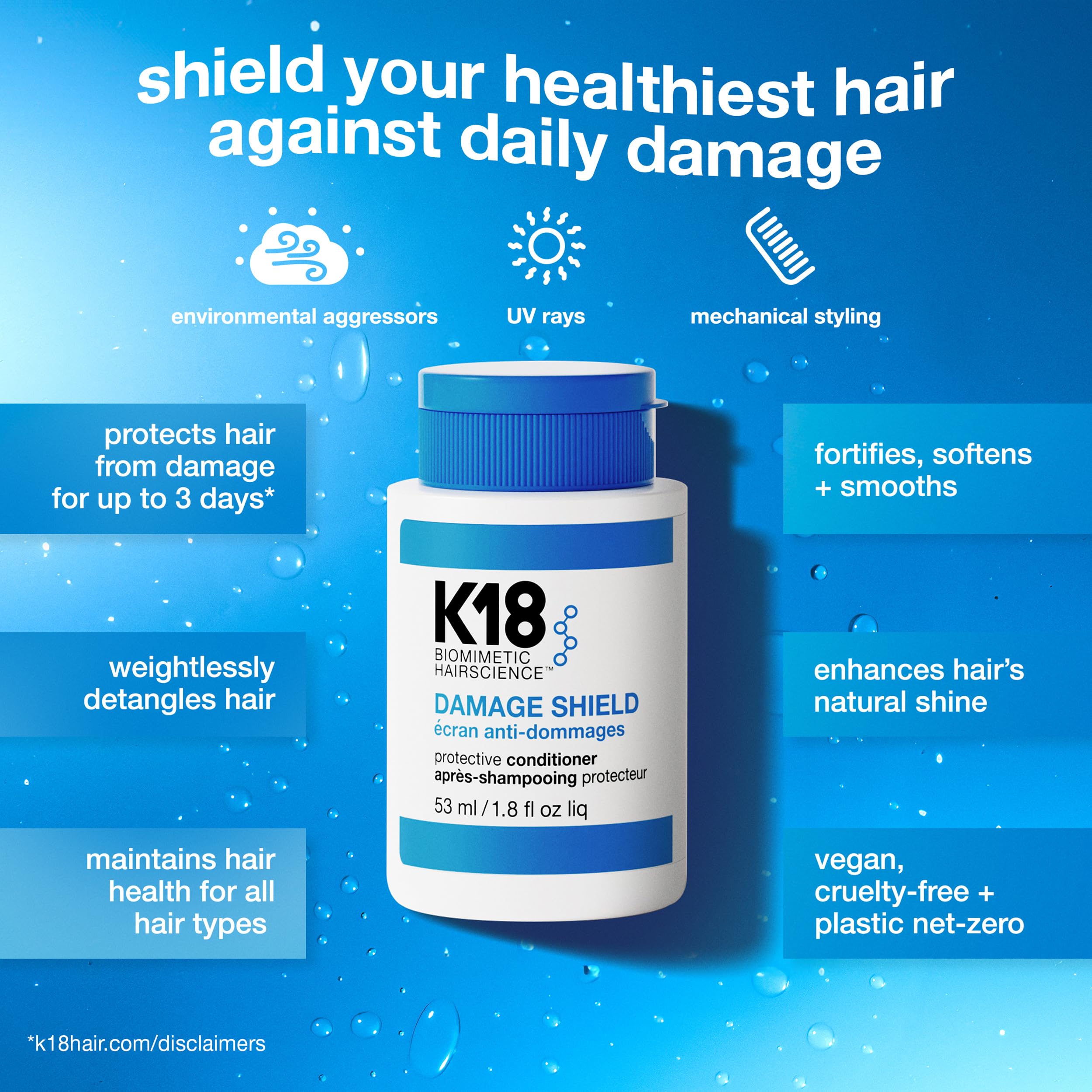 K18 Damage Shield UV protection close-up guarding hair from environment