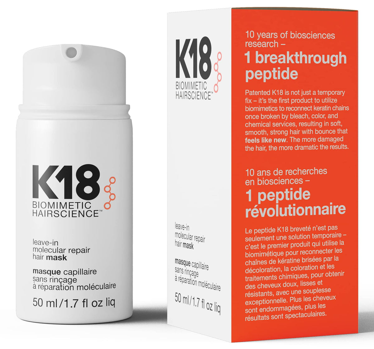 K18 full-size leave-in molecular hair mask bottle showing bond-repair benefits for damaged hair.
