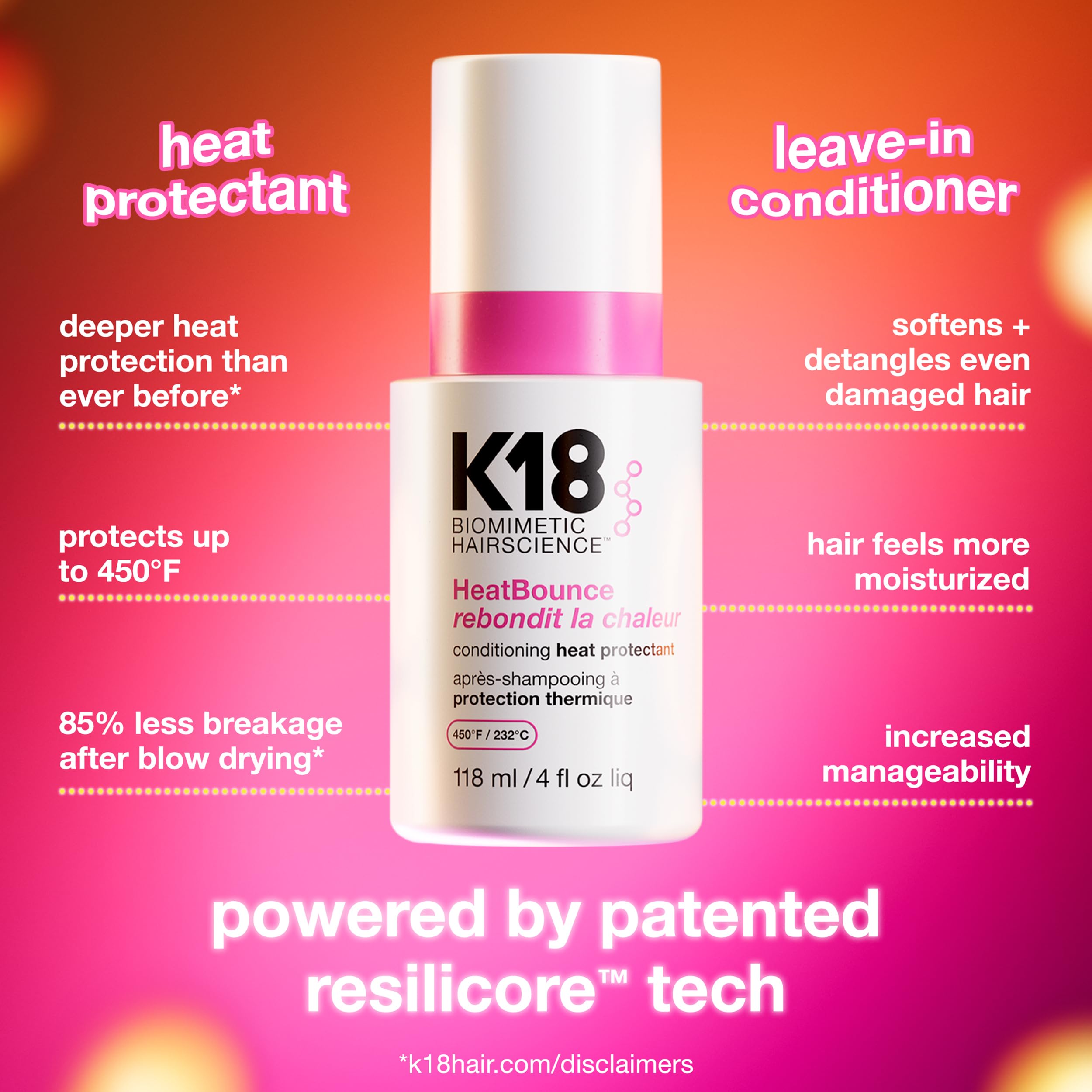 K18 HeatBounce spray-dispense shows even mist for heat protection.