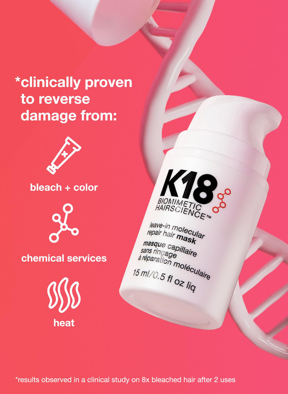 K18 Mini bottle-pour captures smooth flow for fast application to damaged hair.