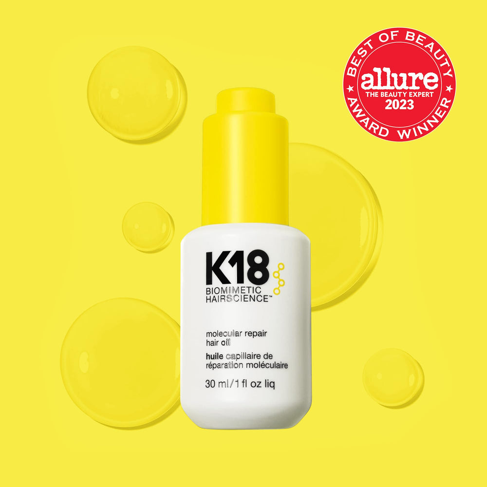 K18 Molecular Repair Hair Oil bottle dispense showing easy application for even coating
