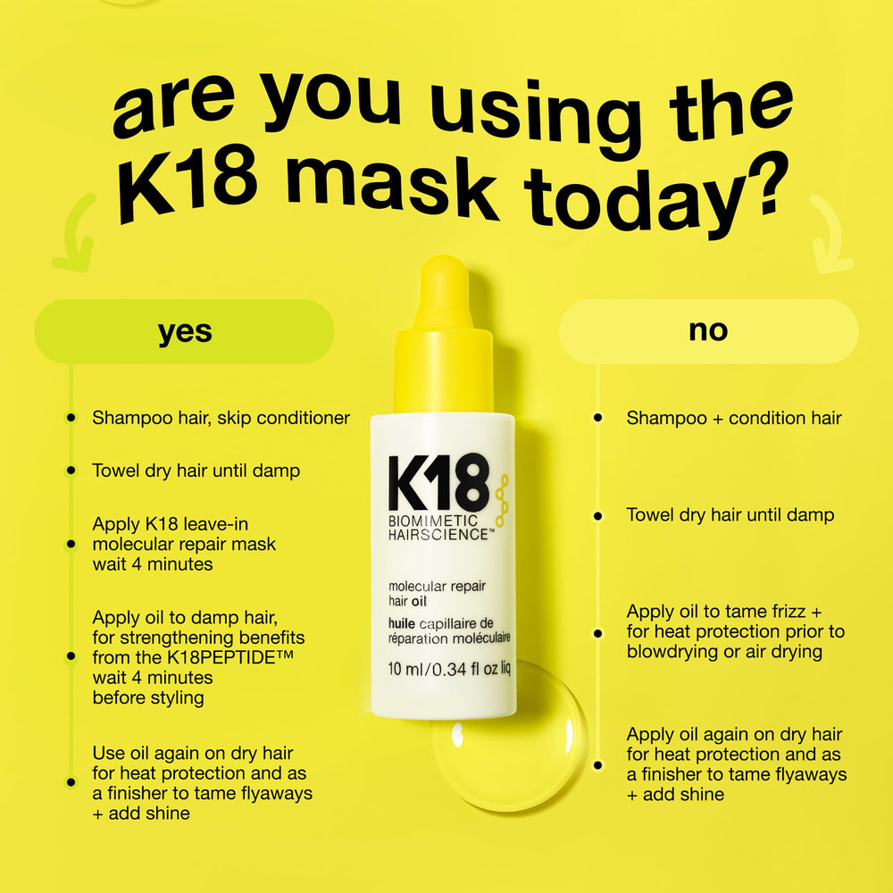 K18 Molecular Repair Hair Oil label close-up emphasizing silicone-free formula