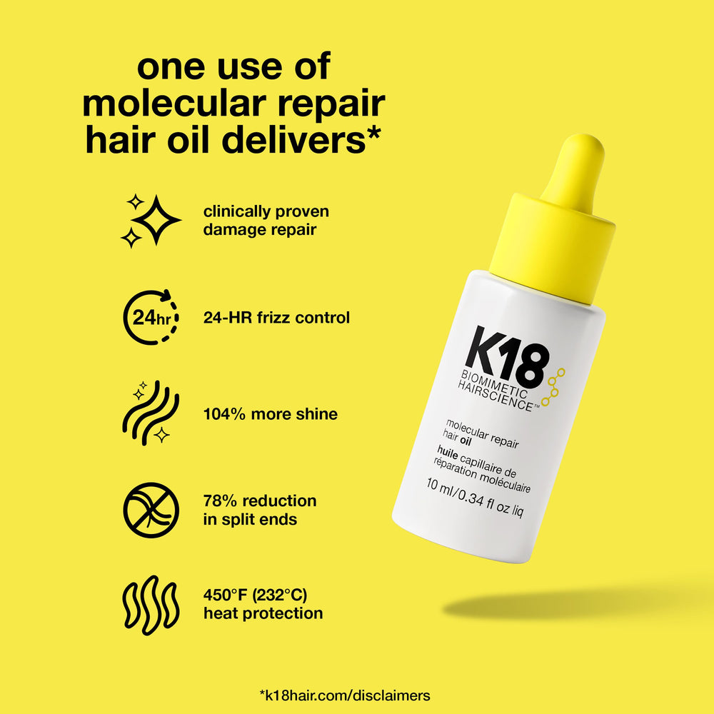 K18 Molecular Repair Hair Oil oil drop showing lightweight formula
