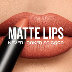 K7L Lipsilk Matte Lip Crayon applied to lips in orange-brown shade for a smooth, comfortable matte finish.
