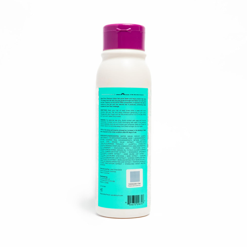 Kaba Red Onion Shampoo in a bathroom setup with glossy hair, hinting growth support