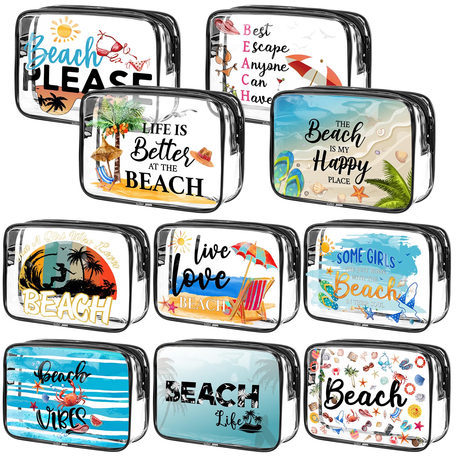 Kacctyen clear makeup bag front view with beach pattern for travel organization.